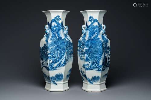 A pair of Chinese blue and white hexagonal 'mountainous land...