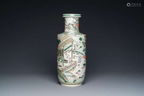 A fine Chinese famille verte rouleau 'rice production' vase,...