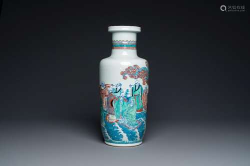 A Chinese doucai 'eighteen Luohan' rouleau vase, 19th/20 C.