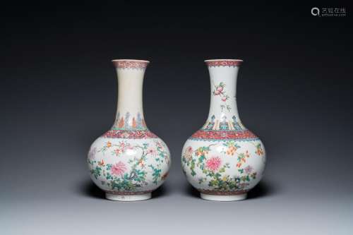 Two Chinese famille rose bottle vases, Hongxian mark, Republ...