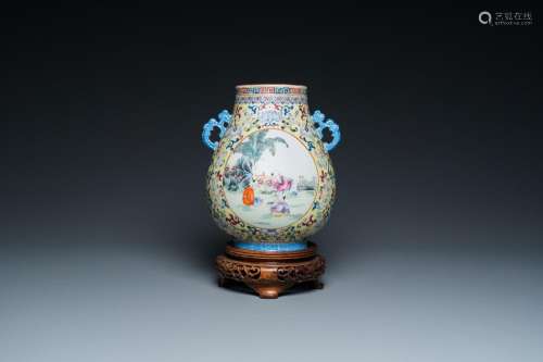 A Chinese yellow-ground famille rose 'hu' vase with playing ...