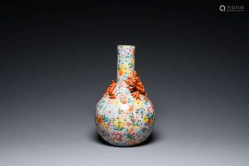 A Chinese famille rose 'millefleurs' bottle vase, Qianlong m...