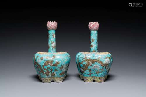 A pair of Chinese famille rose turquoise-ground flower vases...