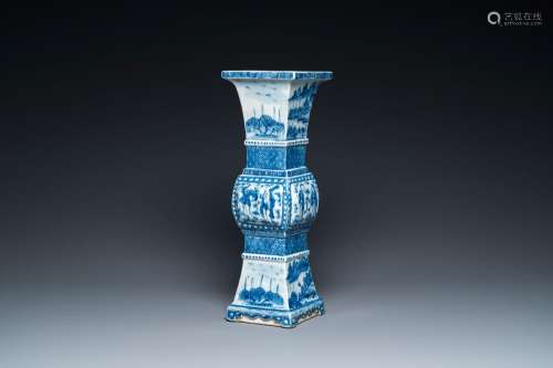 A Chinese blue and white square 'gu' vase, 19th C.