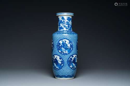 A Chinese blue and white rouleau 'immortals' vase, Kangxi ma...