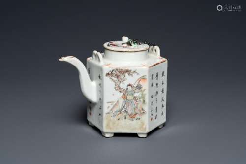 A Chinese hexagonal qianjiang cai teapot, signed and with th...