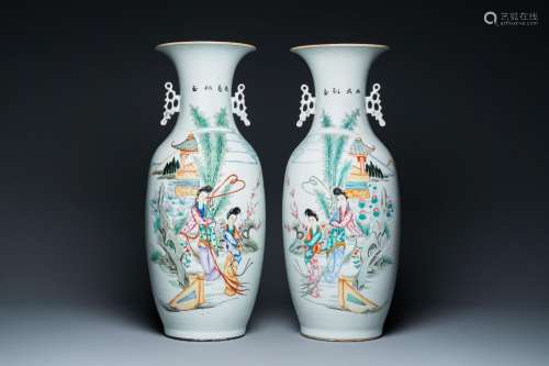 A pair of Chinese famille rose 'ladies in a garden' vases, 1...