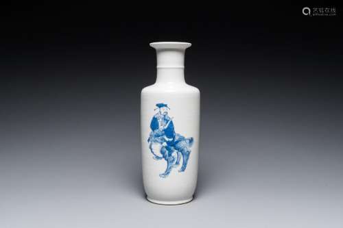 A Chinese blue and white 'Sanxing' rouleau vase, probably 19...