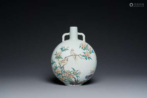 A Chinese famille rose 'bianhu' vase with birds among blosso...