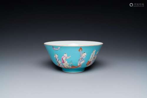 A Chinese famille rose bowl with playing boys on a turquoise...