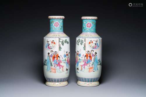 A pair of Chinese famille rose rouleau vases, Qianlong mark,...