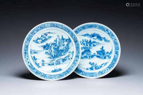 Two Chinese blue and white 'mountainous landscape' dishes, 1...