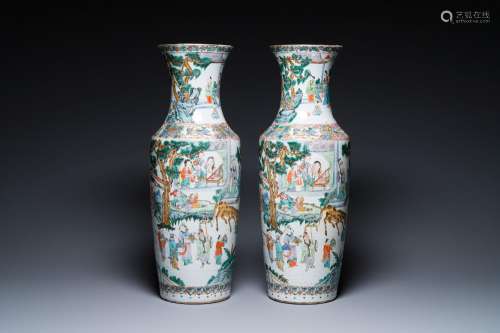 A pair of Chinese Canton famille verte vases with garden sce...