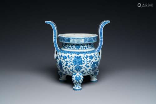 A Chinese blue and white tripod censer, Daoguang mark and of...