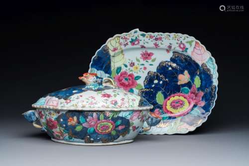 A large Chinese famille rose 'tobacco leaf' tureen and cover...