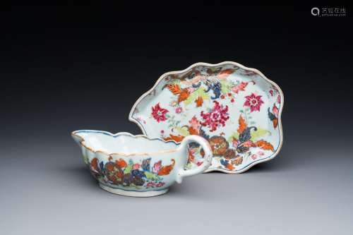 A Chinese famille rose 'pseudo-tobacco leaf' sauce boat on s...