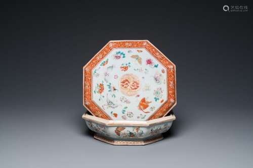 A Chinese famille rose, iron-red and gilt octagonal box and ...