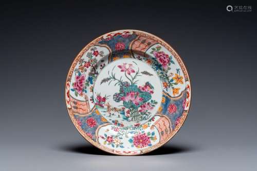 A Chinese famille rose plate with a deer near a lotus pond, ...