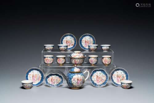 A Chinese famille rose 18-piece 'mandarin subject' tea servi...