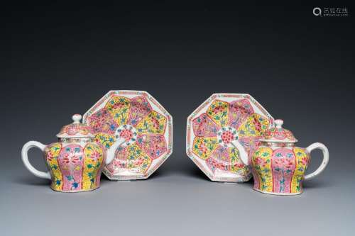 A pair of Chinese octagonal famille rose teapots on stands, ...