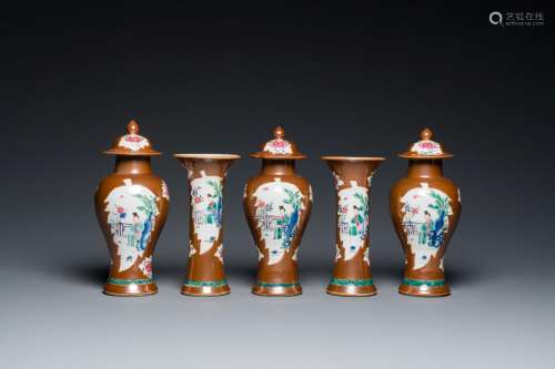 A Chinese capucin-brown-ground famille rose garniture of fiv...