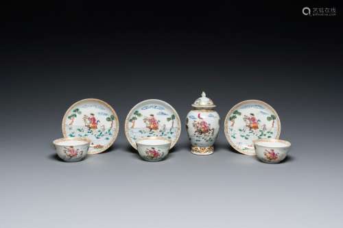 Three Chinese famille rose 'horserider' cups and saucers wit...