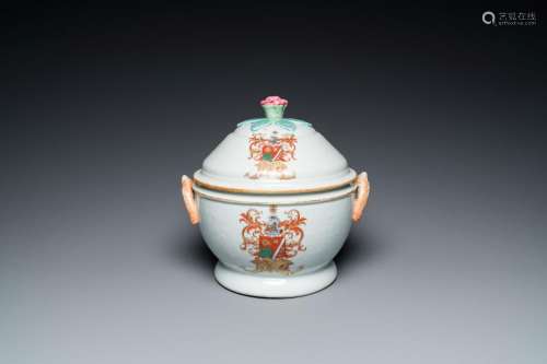 A Chinese Dutch market famille rose armorial tureen with pie...
