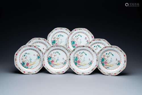 Eight Chinese octagonal famille rose plates with a boat on t...