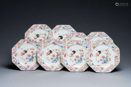 Eight Chinese octagonal famille rose 'rooster' plates, Qianl...