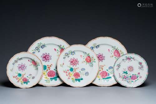 Three Chinese famille rose dishes and two plates with floral...
