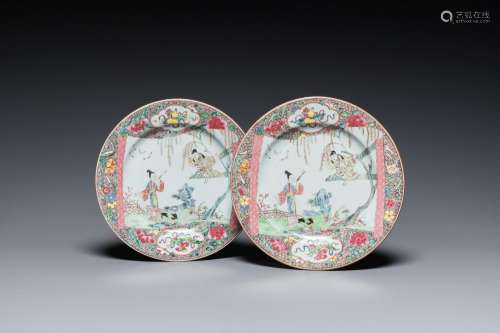 A pair of Chinese famille rose 'Xi Xiang Ji' plates, Yongzhe...