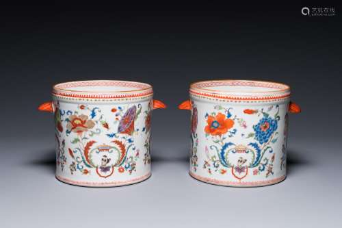 A pair of Chinese famille rose 'Pompadour' wine coolers, Qia...