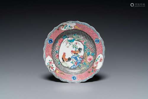 A fine Chinese famille rose 'roosters' plate, Yongzheng