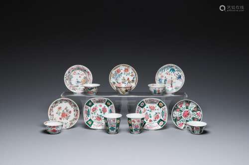 Seven Chinese famille rose cups and saucers, Yongzheng/Qianl...