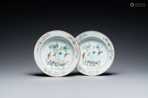 A pair of Chinese famille rose 'magpie and peonies' dishes, ...