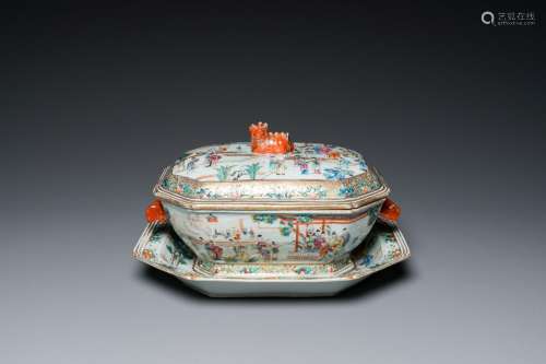 A Chinese octagonal famille rose 'mandarin subject' tureen a...