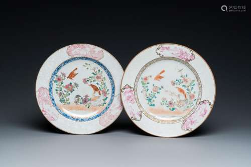 Two Chinese famille rose 'magpie and peony' plates with bian...