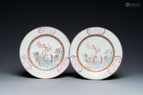 A pair of Chinese famille rose 'magpie and prunus' plates wi...