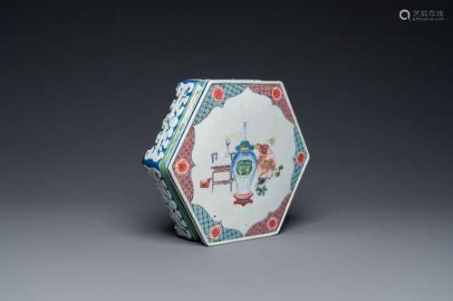 A rare Chinese famille rose hexagonal 'antiquities' stand, Y...