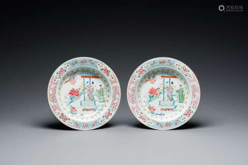 A pair of Chinese famille rose 'Xi Xiang Ji' plates, Yongzhe...