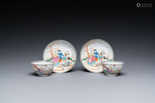 A pair of Chinese famille rose 'European subject' cups and s...