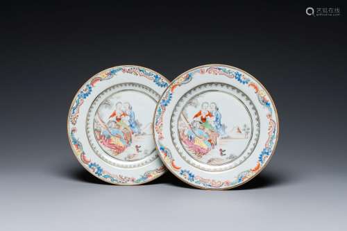 A pair of fine Chinese famille rose plates with a musician p...