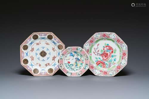 Three octagonal Chinese famille rose dishes, Yongzheng/Qianl...