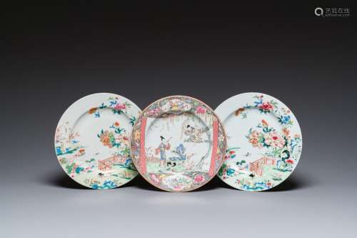 Three Chinese famille rose plates, Yongzheng/Qianlong