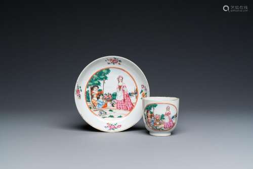 A Chinese famille rose 'European subject' cup and saucer, Qi...