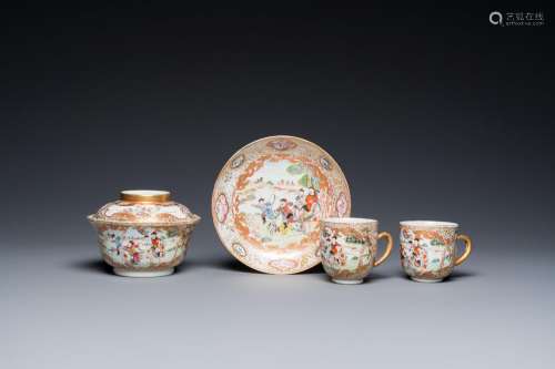 A Chinese famille rose covered bowl, a saucer and two cups w...