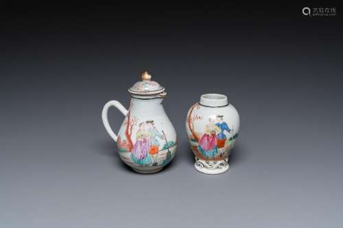 A Chinese famille rose 'European subject' milk jug and tea c...