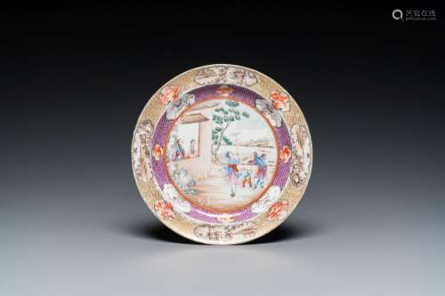 A Chinese famille rose 'Rockefeller' plate with acrobats, Ji...