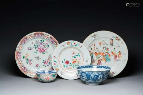 Three Chinese famille rose dishes and two bowls, Qianlong an...
