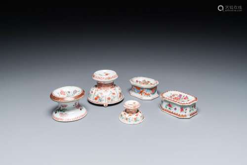 Three Chinese famille rose salts and two Dutch-decorated sal...